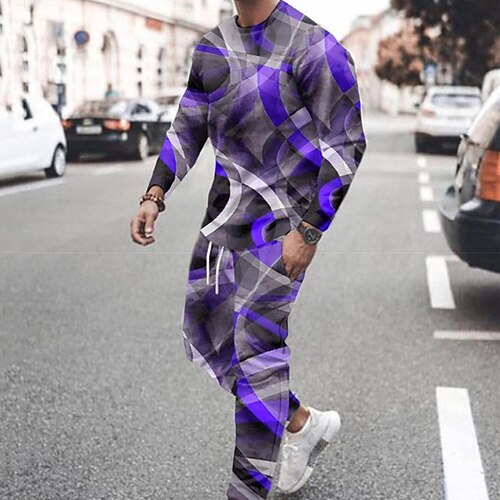 

Men's Tracksuit Hoodies Set Graphic Patterned Geometric 2 Piece Print Sports Outdoor Casual Sports 3D Print Sportswear Basic Essential Hoodies Sweatshirts White Black Purple