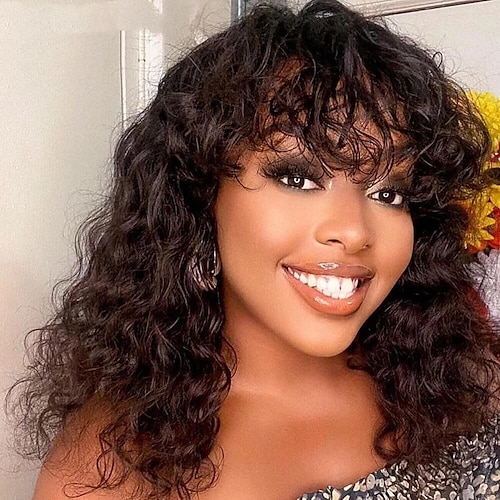 

Curly Short Pixie Bob Cut Human Hair Wigs With Bangs Non lace front Water Wave Wig Highlight Honey Blonde Colored Wigs For Women