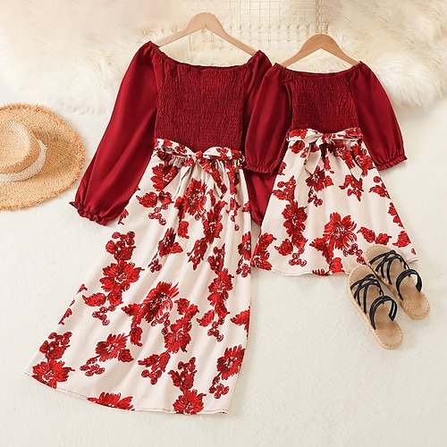 

Mommy and Me Dresses Floral Daily Ruched Red Long Sleeve Midi Elegant Matching Outfits / Fall / Spring / Lace up / Print