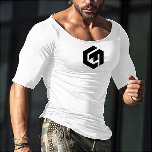 

Men's T shirt Tee Solid Color Letter Round Neck Casual Daily Half Sleeve Tops Casual White Black