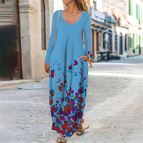 

Women's Shift Dress Maxi long Dress Green White Blue Pink Yellow Long Sleeve Floral Pocket Print Fall Spring V Neck Casual 2022 XS S M L XL XXL 3XL 4XL 5XL 6XL