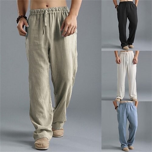 

Men's Linen Pants Trousers Baggy Drawstring Elastic Waist Wide Leg Solid Color Comfort Breathable Ankle-Length Casual Daily Streetwear Linen / Cotton Blend Sports Fashion White Black Micro-elastic