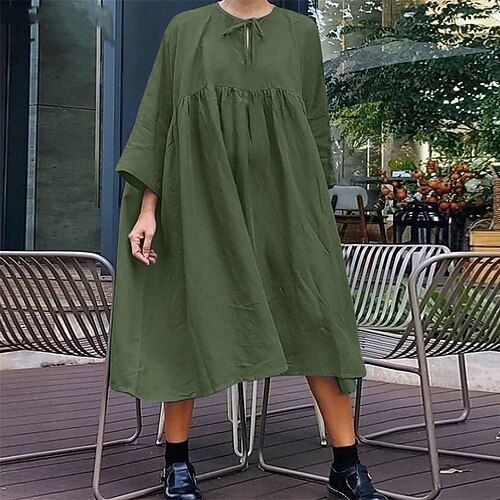 

Women's Shift Dress Midi Dress Green Khaki Navy Blue Long Sleeve Pure Color Lace up Spring Summer Round Neck Casual Classic 2022 S M L XL XXL 3XL 4XL 5XL