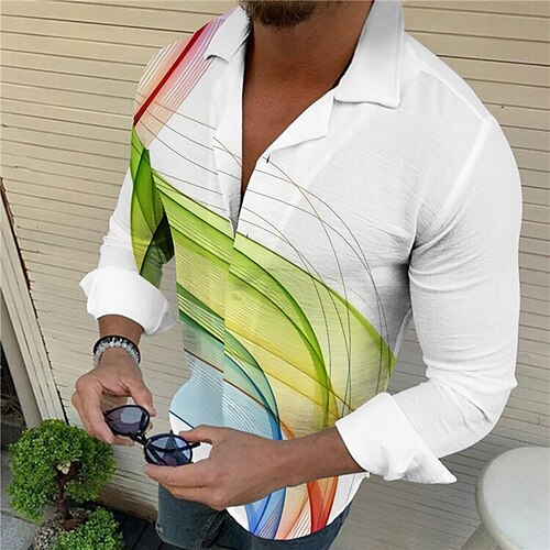 

Men's Shirt 3D Print Curve Turndown Casual Daily Button-Down Print Long Sleeve Tops Designer Casual Fashion Comfortable White / Sports