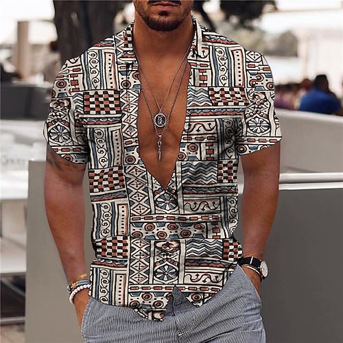 

Hombre Camisa Camisa gráfica Geometría Cuello Vuelto Caqui Impresión 3D Exterior Calle Mangas cortas Abotonar Estampado Ropa Moda Design Casual Transpirable / Verano / Primavera / Verano