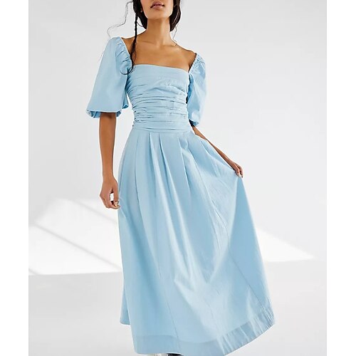 

Women's A Line Dress Midi Dress Light Blue Half Sleeve Pure Color Ruched Button Summer Square Neck Elegant 2022 S M L XL