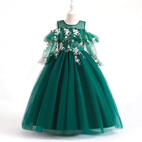 

Kids Little Girls' Dress Floral A Line Dress Party Performance Mesh Print Green Asymmetrical Long Sleeve Princess Sweet Dresses Summer Regular Fit 4-13 Years