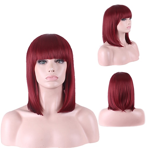 

Synthetic Wig Straight With Bangs Machine Made Wig Medium Length Wine Red Synthetic Hair Women's Soft Classic Easy to Carry Burgundy / Daily Wear / Party / Evening