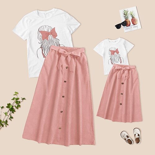 

Mommy and Me Dresses Family Sets Cartoon Graphic Patterned Daily Lace up Multicolor Short Sleeve Midi Daily Matching Outfits