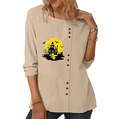 

Women's T shirt Tee Graphic Patterned Daily T shirt Tee Long Sleeve Print Round Neck Halloween Blue Khaki Navy Blue S