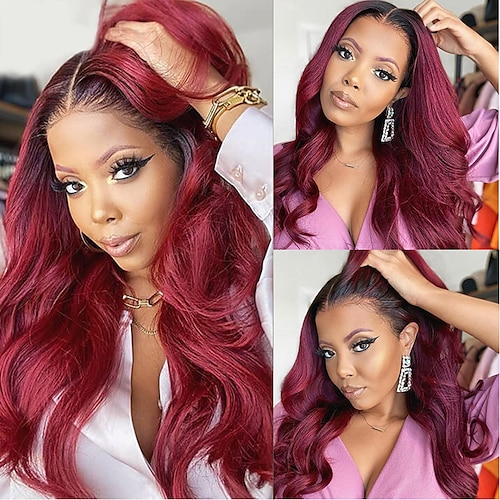 

Remy Human Hair 13x4 Lace Front Wig Middle Part Brazilian Hair Body Wave Burgundy Wig 130% 150% 180% Density with Baby Hair Natural Hairline For wigs for black women Long Human Hair Lace Wig