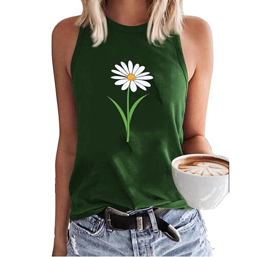 

Women's Tank Top Camis Green Blue Wine Daisy Backless Racerback Sleeveless Casual Holiday Casual Round Neck Regular Plus Size S / Print