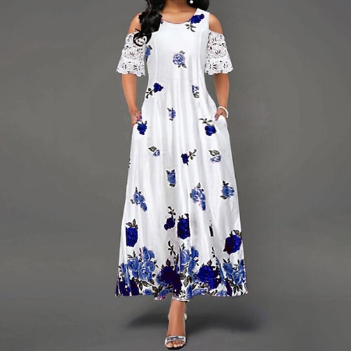 

Women's Swing Dress Maxi long Dress Green Blue Red Short Sleeve Floral Pocket Cold Shoulder Print Spring Summer Round Neck Stylish Modern 2022 S M L XL XXL 3XL 4XL 5XL