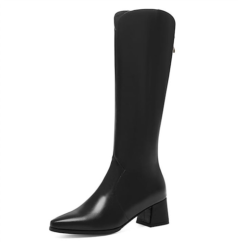

Women's Boots Daily Knee High Boots Winter Chunky Heel Pointed Toe British PU Leather Zipper Solid Colored Black Beige