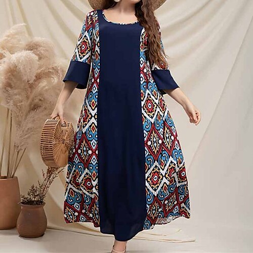 

Women's Plus Size Holiday Dress Geometric Crew Neck Print 3/4 Length Sleeve Fall Spring Casual Vintage Maxi long Dress Daily Vacation Dress