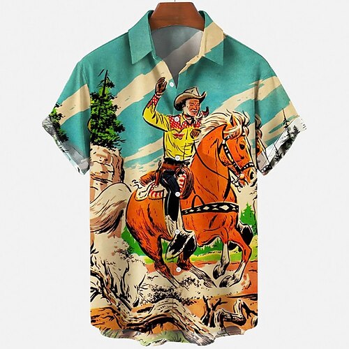 

Men's Shirt 3D Print Portrait Horse Turndown Street Daily Button-Down Print Short Sleeve Tops Casual Fashion Breathable Comfortable Blue / Beach