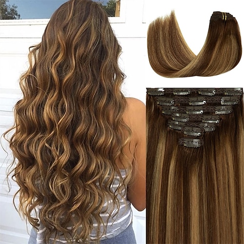 

Hair Extensions Clip in Human Hair Ombre Chocolate Brown to Caramel Blonde with Brown Roots 120g 7pcs Remy Human Hair Extensions Clip in Real Natural Hair Extensions Straight