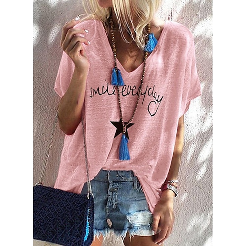 

Women's T shirt Tee Pink Fuchsia Gray Star Text Print Short Sleeve Casual Weekend Basic V Neck Regular Painting S