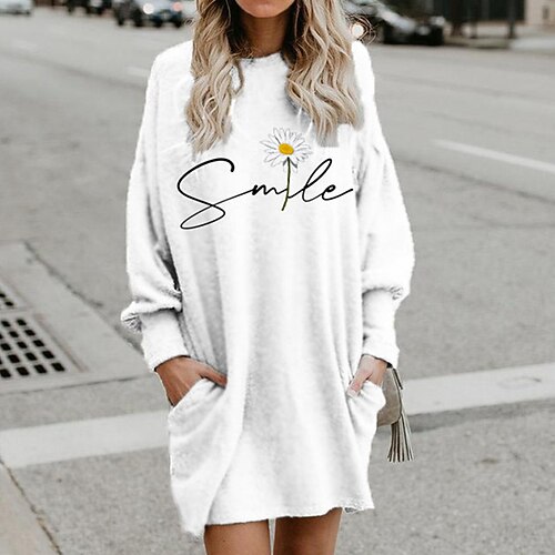 

Women's Shift Dress Short Mini Dress White Long Sleeve Fall Floral Letter Pocket Print Fall Winter Hooded Casual 2022 S M L XL XXL 3XL