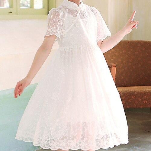 

Kids Little Girls' Dress Solid Colored Flower A Line Dress Daily Vacation Lace Print White Asymmetrical Short Sleeve Beautiful Cute Dresses Spring Summer Regular Fit 4-13 Years