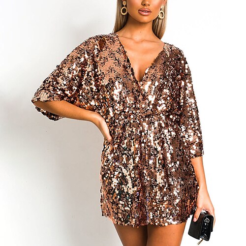 

Women's Party Dress Fringe Dress Sequin Dress Mini Dress Gold Half Sleeve Pure Color Sequins Winter Fall Spring V Neck Party Birthday Weekend Slim S M L XL