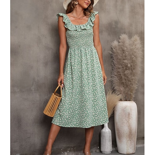 

Women's A Line Dress Knee Length Dress Green Sleeveless Floral Backless Patchwork Print Summer Square Neck Spaghetti Strap Casual Fashion Modern 2022 S M L XL