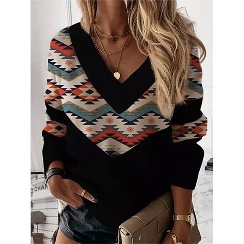 

Damen Sweatshirt Pullover Zur Seite fahren Vintage Sportbekleidung Ethnisch Patchwork Bedruckt Schwarz Mehrfarbig Lockere Passform Casual V Ausschnitt Langarm