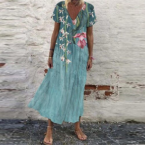 

Women's Shift Dress Maxi long Dress Blue Short Sleeve Floral Print Spring Summer V Neck Elegant Casual Vacation 2022 S M L XL XXL 3XL