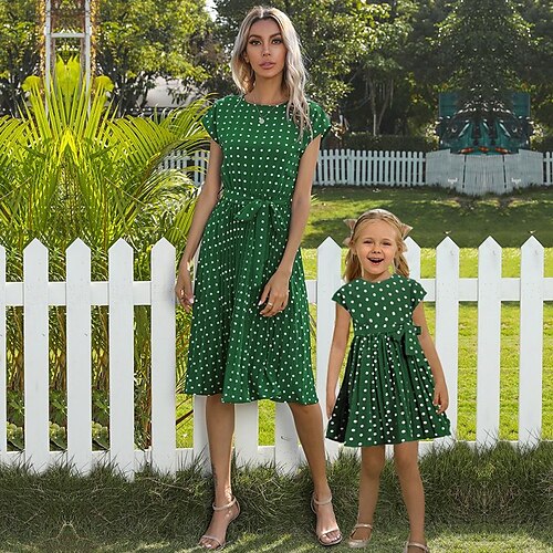 

Mommy and Me Dresses Polka Dot Daily Green Yellow Red Short Sleeve Above Knee Active Matching Outfits