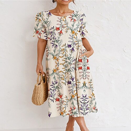 

Women's Shift Dress Midi Dress Khaki Short Sleeve Floral Pocket Print Spring Summer Crew Neck Casual Mature 2022 S M L XL XXL