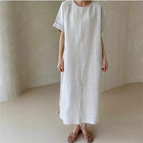 

Women's Shift Dress Midi Dress White Short Sleeve Solid Color Split Spring Summer Crew Neck Stylish Casual 2022 S M L XL