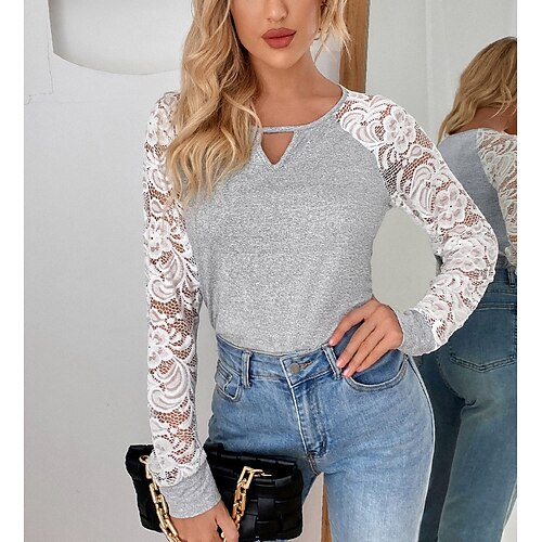 

Women's Shirt Plain Daily Weekend Shirt Long Sleeve Lace Patchwork Round Neck Casual Streetwear Gray S