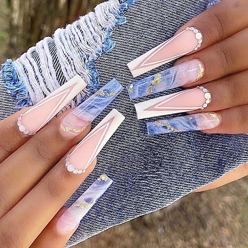 

V-shaped White French Diamond-encrusted Wearing Nail Patch Removable Gold Foil Blue Smudge Fake Nail Finished Product