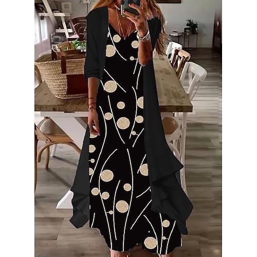 

Women's A Line Dress Maxi long Dress Black 3/4 Length Sleeve Fall Print Layered Ruched Print Spring Summer V Neck Stylish Modern 2022 S M L XL 2XL