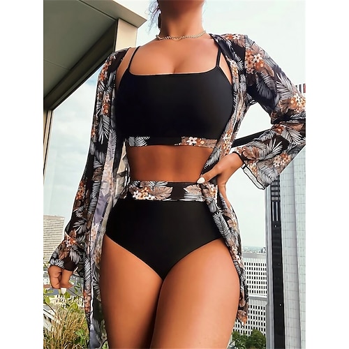 

Per donna Costumi da bagno Bikini Tre pezzi Normale Costume da bagno Protezione UV Stampe A vita alta Foglie Nero Con bretelline Costumi da bagno nuovo Festività Sensuale