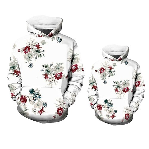 

Mommy and Me Hoodie Floral Sports Outdoor Print White Long Sleeve Active Matching Outfits