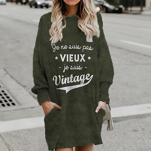 

Women's Shift Dress Short Mini Dress Green Black Gray Long Sleeve Fall Letter Pocket Print Fall Winter Hooded Casual 2022 S M L XL XXL 3XL