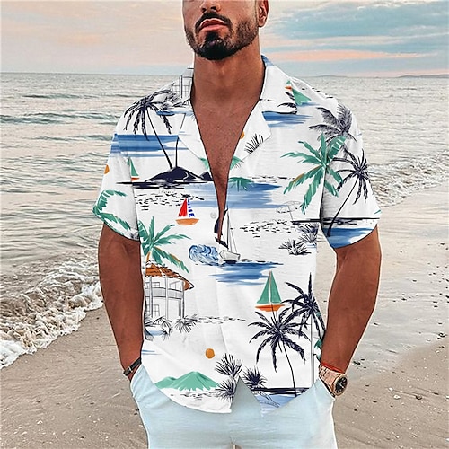 

Men's Shirt Graphic Shirt Coconut Tree Rudder Turndown Purple Yellow Gray White 3D Print Outdoor Street Short Sleeve Button-Down Print Clothing Apparel Fashion Designer Casual Breathable / Summer