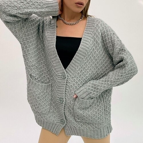 

Women's Cardigan Sweater Jumper Cable Knit Pocket Knitted Pure Color V Neck Stylish Casual Daily Going out Fall Winter Gray Pink S M L / Long Sleeve
