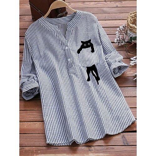

Women's Plus Size Tops Blouse Shirt Cat Striped Ruched Button Long Sleeve V Neck Basic Daily Vacation Cotton Blend Winter Fall Blue