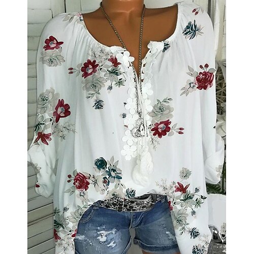 

Women's Plus Size Tops Blouse Floral Embroidered Print Long Sleeve U Neck Hawaiian Daily Vacation Polyester Fall Spring White