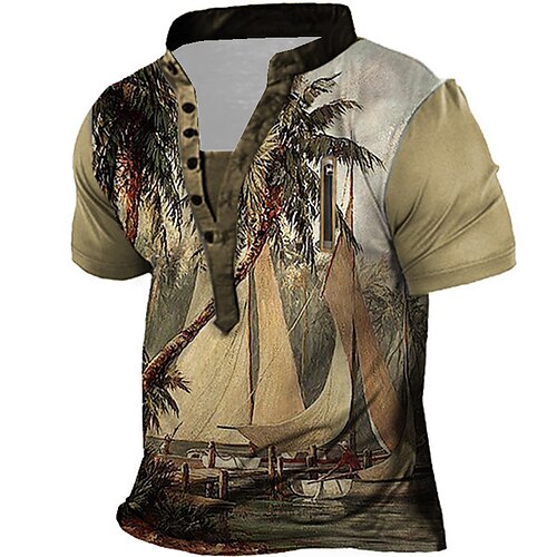 

Men's T shirt Tee Henley Shirt Tee Graphic Stand Collar Green Gray Purple Red Brown Short Sleeve 3D Print Sailboat Plus Size Outdoor Daily Zipper Button-Down Tops Basic Designer Casual Big and Tall