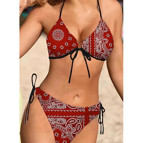 

Women's Swimwear Bikini 2 Piece Normal Swimsuit Halter Open Back Printing Geometic Red Halter V Wire Bathing Suits Sexy Vacation Fashion / Modern / New