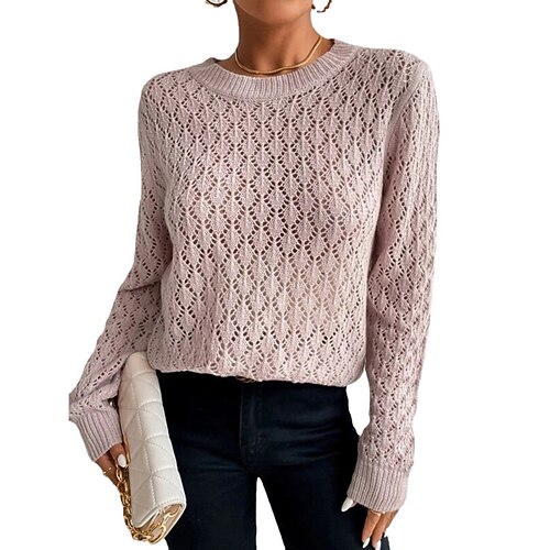 

Women's Pullover Sweater Jumper Crochet Knit Knitted Pure Color Crew Neck Stylish Casual Daily Going out Fall Winter Pink S M L / Long Sleeve / Regular Fit