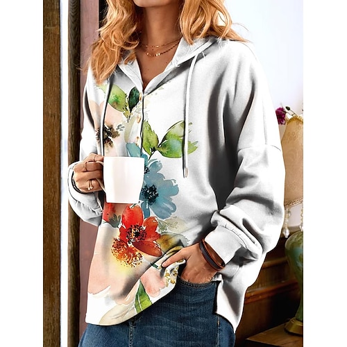 

Women's Pullover Hoodie Sweatshirt Floral Print Daily Sports 3D Print Active Streetwear Hoodies Sweatshirts White