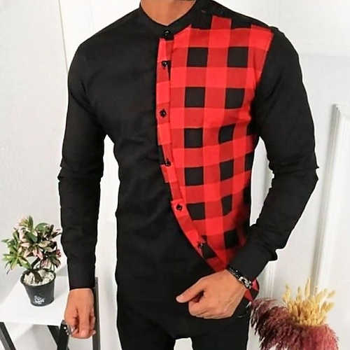 

Men's Shirt Plaid Stand Collar Street Daily Button-Down Long Sleeve Tops Casual Fashion Comfortable Black / Red