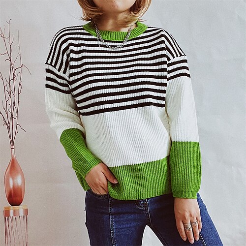 

Women's Pullover Sweater Jumper Ribbed Knit Stripe Knitted Striped Crew Neck Stylish Casual Daily Going out Fall Winter Green Black S M L / Long Sleeve