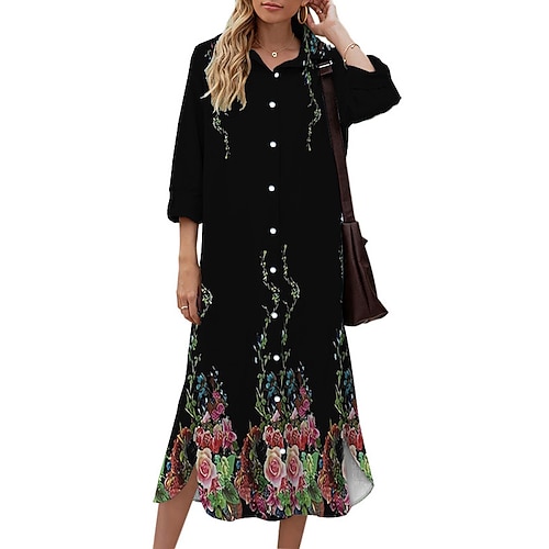 

Women's Shift Dress Midi Dress Black 3/4 Length Sleeve Floral Button Print Fall Spring Shirt Collar Casual Fashion 2022 S M L XL XXL 3XL