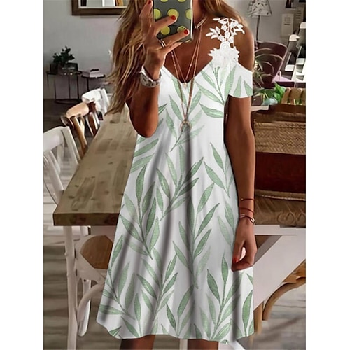 

Women's A Line Dress Knee Length Dress White Gray Short Sleeve Floral Lace Cold Shoulder Print Spring Summer V Neck Casual Vacation 2022 S M L XL XXL 3XL