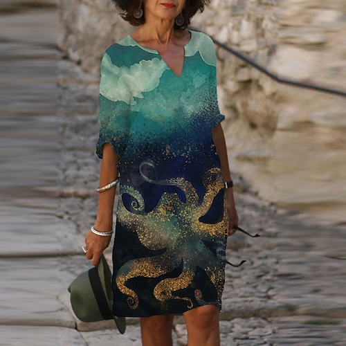 

Women's Shift Dress Knee Length Dress Green Half Sleeve Print Print Spring Summer V Neck Elegant Casual 2022 S M L XL XXL 3XL